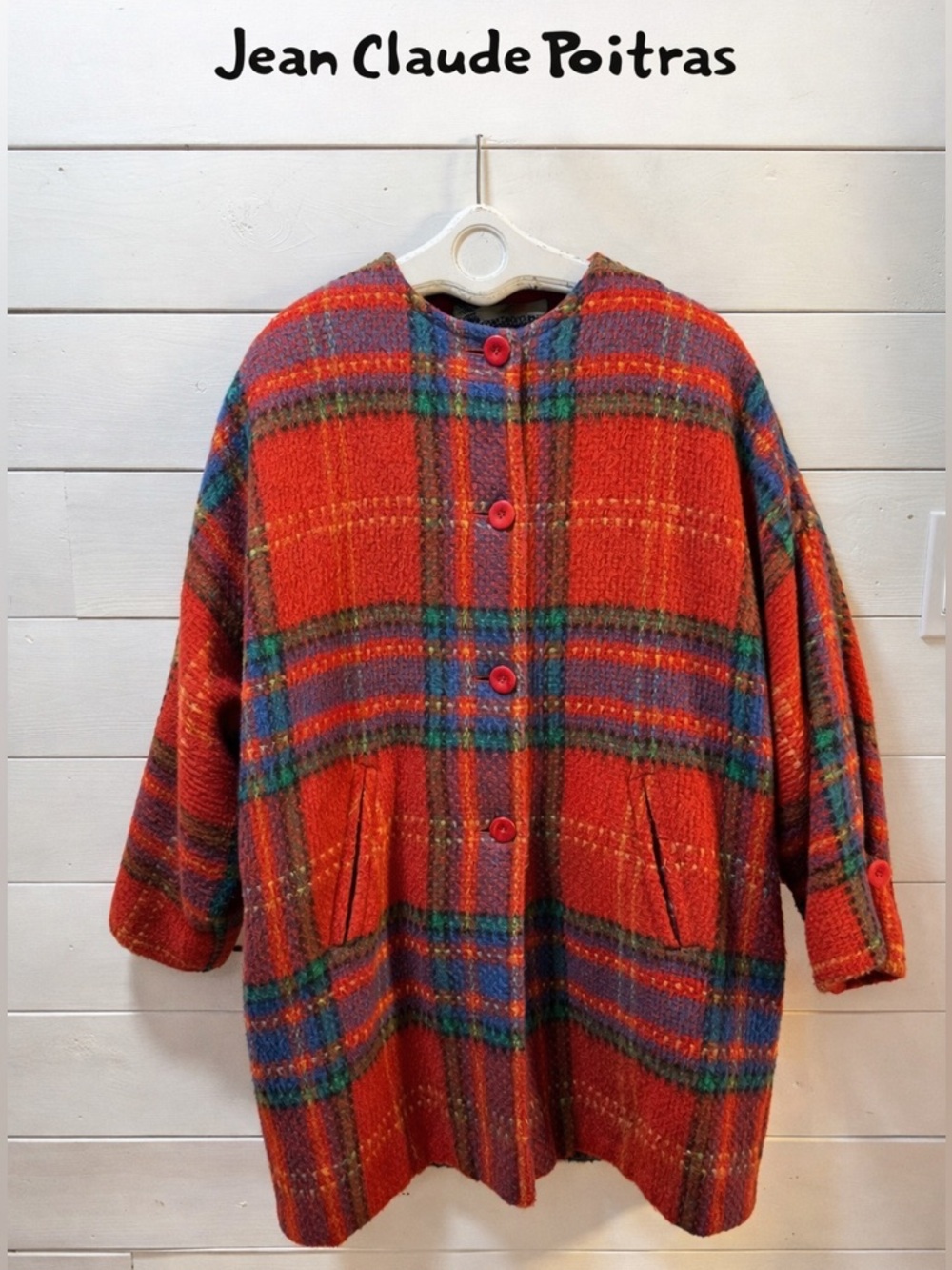 JEAN-CLAUDE POITRAS Designer Québécois Red Plaid Wool Coat XL Vintage